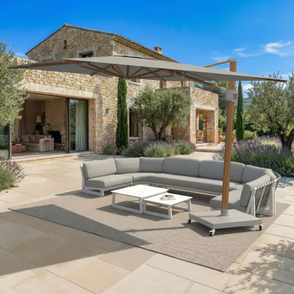 Parasol d�port� rectangulaire aluminium avec socle (3 x 4 m) Elyra effet bois et Gris