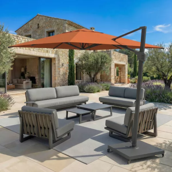 Ombrellone decentrato rettangolare in alluminio con base (3 x 4 m) Elyra Antracite e Terracotta