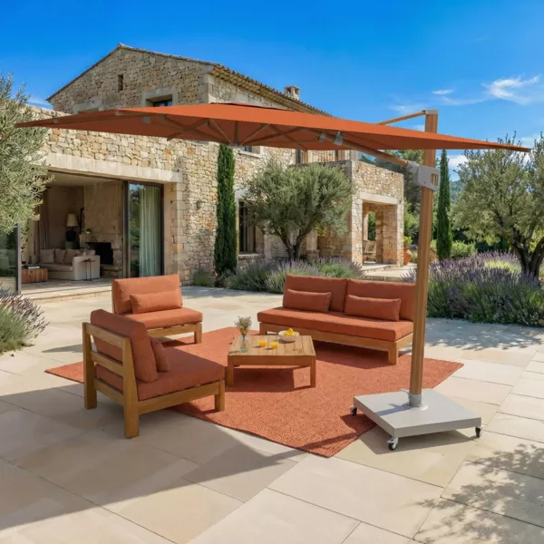 Parasol d�port� rectangulaire aluminium avec socle (3 x 4 m) Elyra effet bois et Terracotta