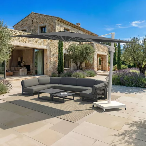 Parasol d�port� carr� aluminium avec socle (3 x 3 m) Elyra Blanc et Anthracite