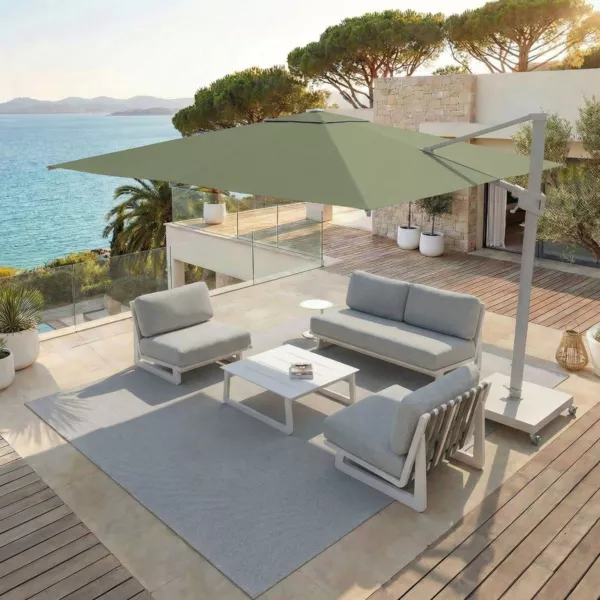 Parasol d�port� carr� aluminium avec socle (3 x 3 m) Elyra Blanc et Vert olive