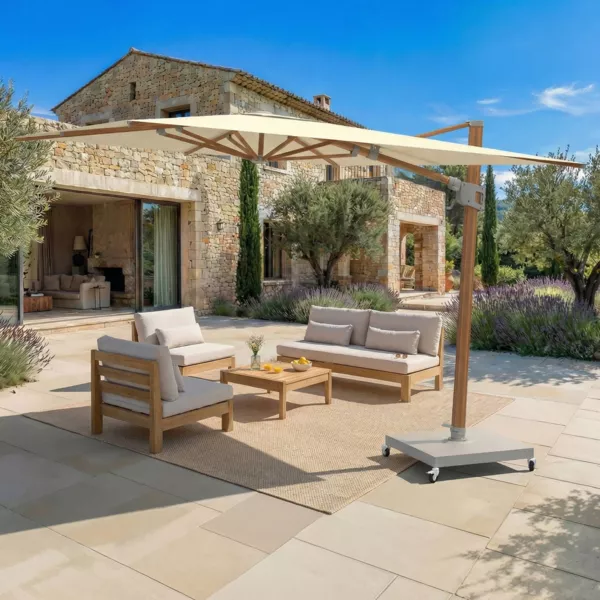 Parasol d�port� rectangulaire aluminium avec socle (3 x 4 m) Elyra effet bois et Beige