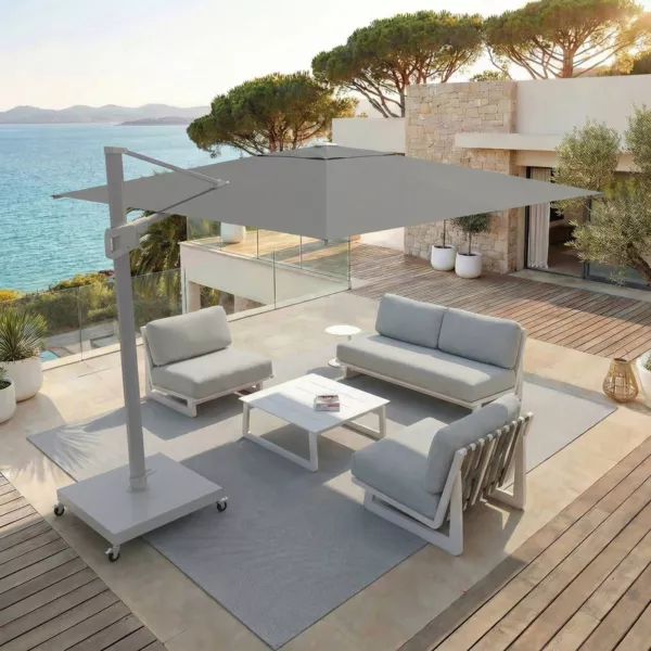 Parasol d�port� rectangulaire aluminium avec socle (3 x 4 m) Elyra Blanc et Anthracite