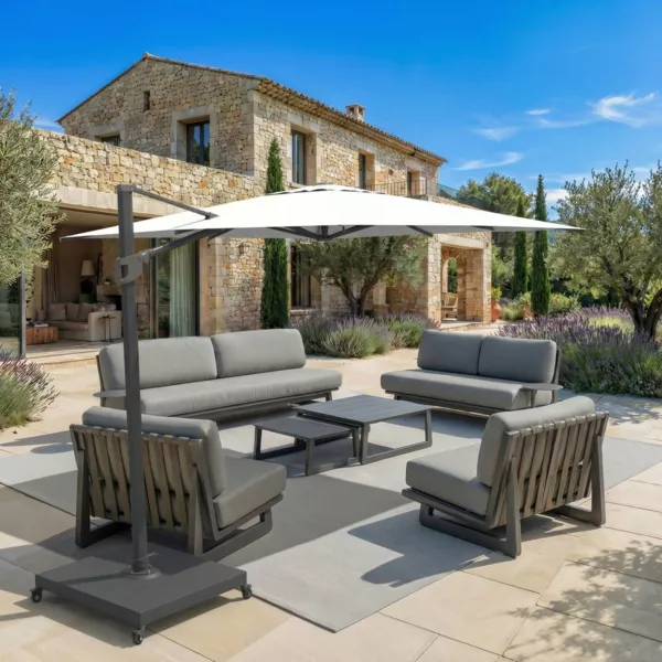 Ombrellone decentrato quadrato in alluminio con base (3 x 3 m) Elyra Antracite e Bianco