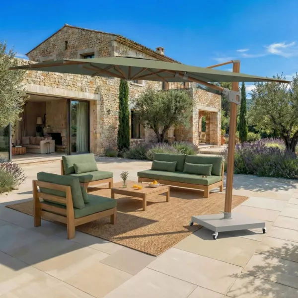 Parasol d�port� rectangulaire aluminium avec socle (3 x 4 m) Elyra effet bois et Vert olive
