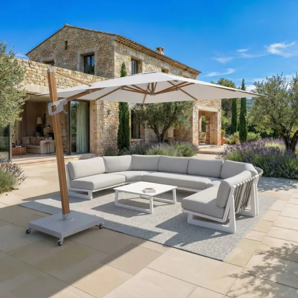 Parasol d�port� carr� aluminium avec socle (3 x 3 m) Elyra effet bois et Blanc