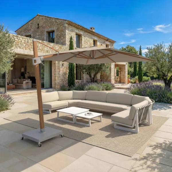 Ombrellone decentrato quadrato in alluminio con base (3 x 3 m) Elyra effetto legno e Tortora