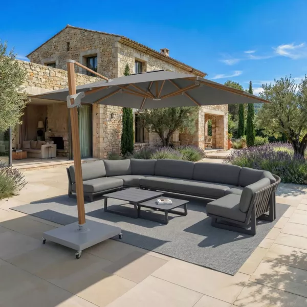 Ombrellone decentrato quadrato in alluminio con base (3 x 3 m) Elyra effetto legno e Antracite