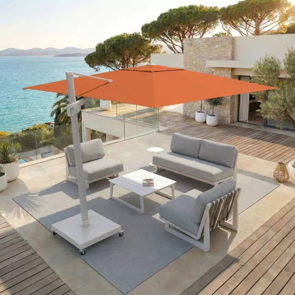 Parasol d�port� carr� aluminium avec socle (3 x 3 m) Elyra Blanc et Terracotta