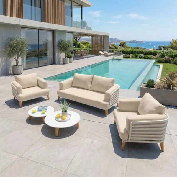 Salon de jardin aluminium 4 places 5 pcs Monte Carlo Blanc et beige