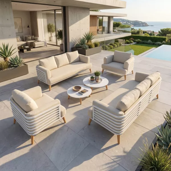 Salon de jardin aluminium 8 places 6 pcs Monte Carlo Blanc et beige