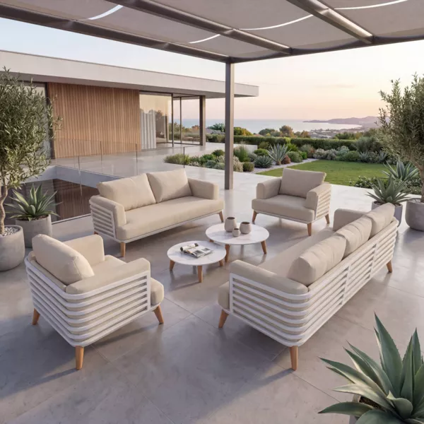 Salon de jardin aluminium 7 places 6 pcs Monte Carlo Blanc et beige