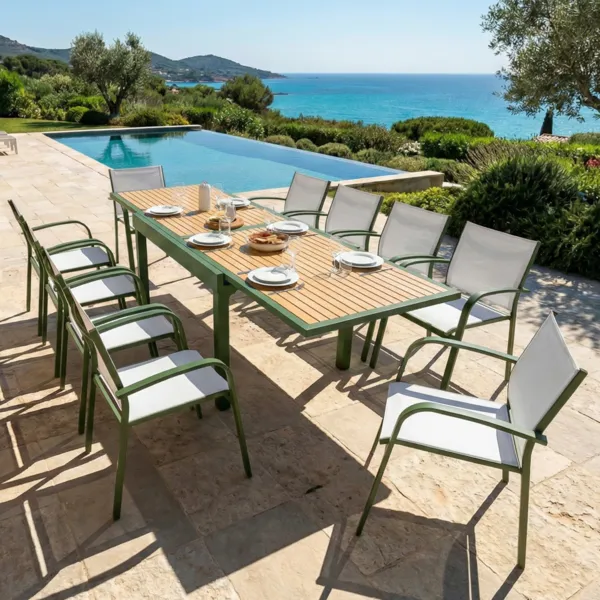 Ausziehbarer Gartentisch aus Aluminium f�r 12 Personen (200/320 x 100 cm) Murano Gr�n und Holzoptik