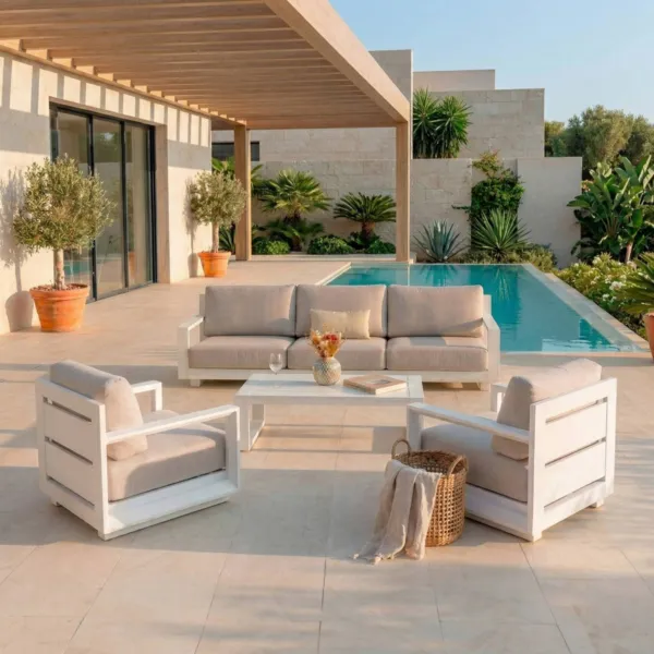 Salon de jardin aluminium 5 places 4 pcs Elba Blanc et taupe