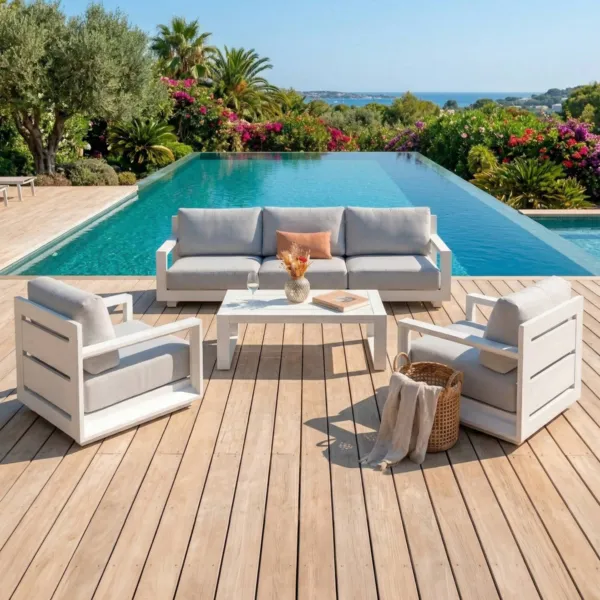 Salon de jardin aluminium 5 places 4 pcs Elba Blanc et gris clair