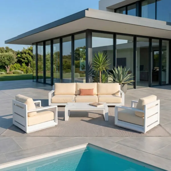 Salon de jardin aluminium 5 places 4 pcs Elba Blanc et beige