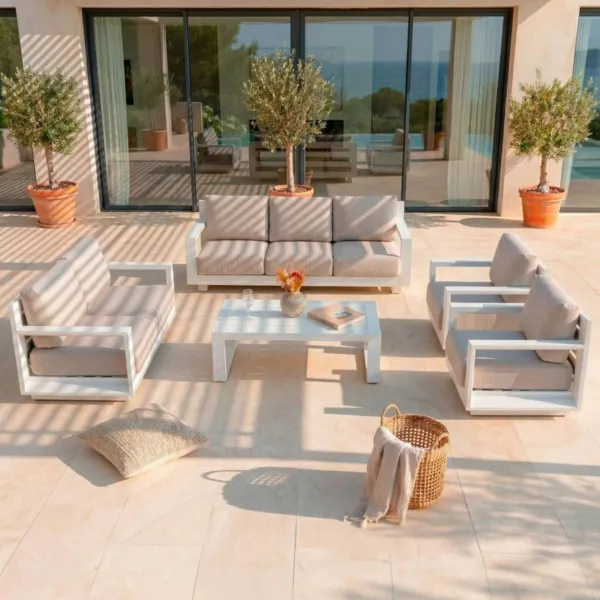 Salotto da giardino alluminio 7 posti 5 pezzi Elba Bianco e totora