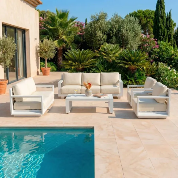 Salotto da giardino alluminio 7 posti 5 pezzi Elba Bianco e beige
