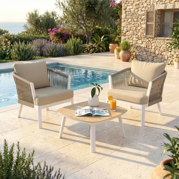 Salon de jardin en aluminium 2 places 3 pcs Amalfi Blanc et beige
