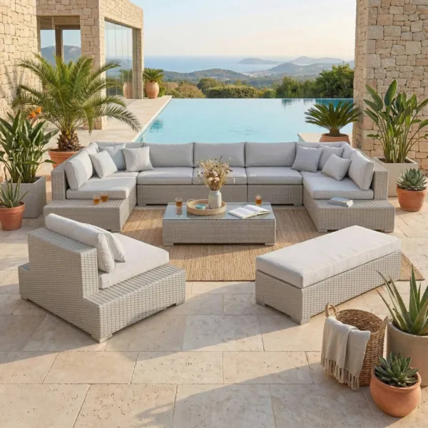 Conjunto de jard�n de resina trenzada 9 plazas 9 pzas Palma Gris