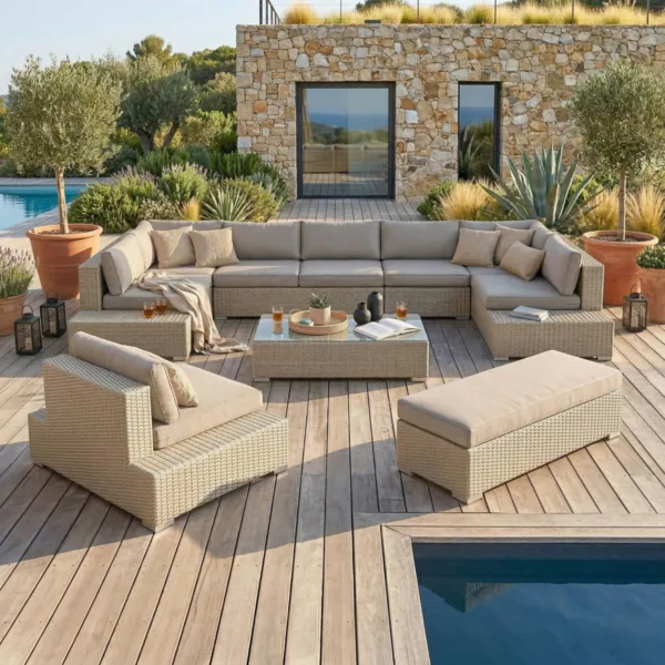 Salon de jardin en r�sine tress�e 9 places 9 pcs Palma Gris et taupe