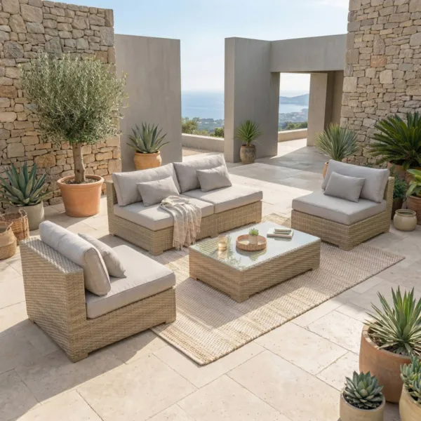 Salon de jardin en r�sine tress�e 4 places 4 pcs Palma Gris et taupe