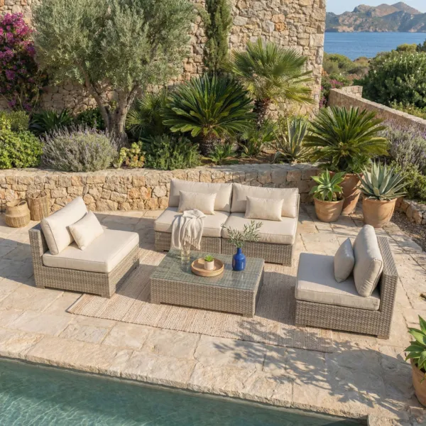 Salon de jardin en r�sine tress�e 4 places 4 pcs Palma Gris et beige