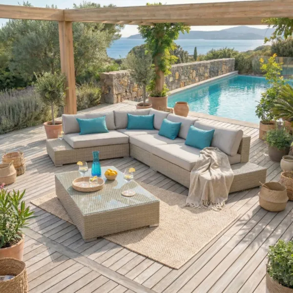 Salon de jardin d'angle en r�sine tress�e 5 places Palma Gris