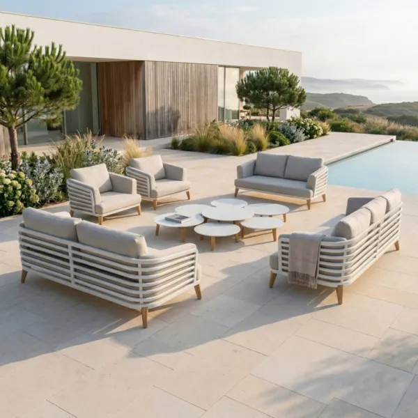 Salon de jardin aluminium 9 places 12 pcs Monte Carlo Blanc et taupe