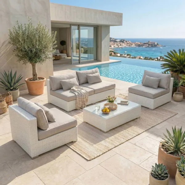 Salon de jardin en r�sine tress�e 4 places 4 pcs Palma Blanc et taupe