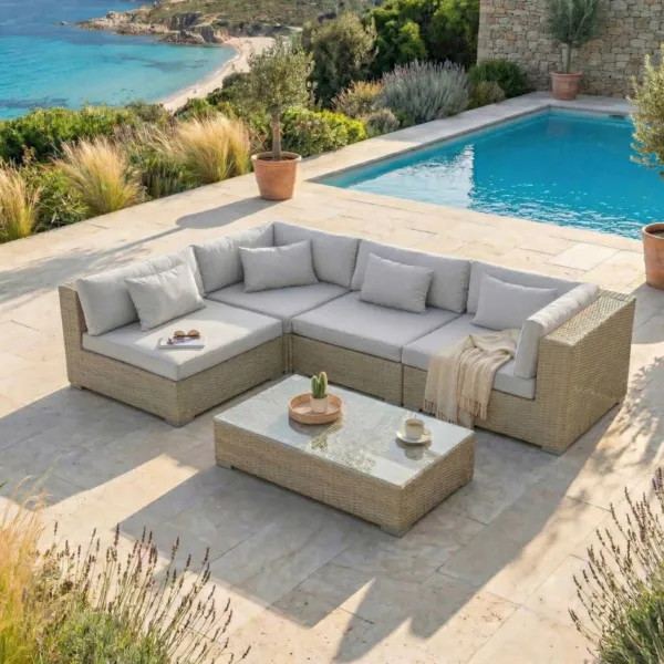 Salon de jardin en r�sine tress�e 4 places 5 pcs Palma Gris