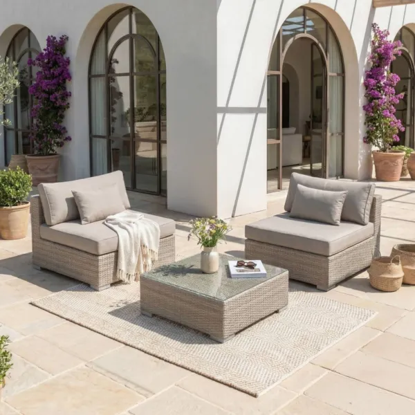 Salon de jardin en r�sine tress�e 2 places 3 pcs Palma Gris et taupe