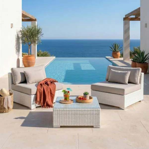 Salon de jardin en r�sine tress�e 2 places 3 pcs Palma Blanc et taupe