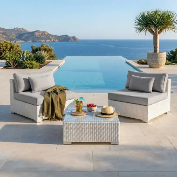 Salon de jardin en r�sine tress�e 2 places 3 pcs Palma Blanc et gris