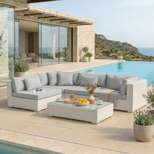 Salon de jardin en r�sine tress�e 4 places 5 pcs Palma Blanc et gris