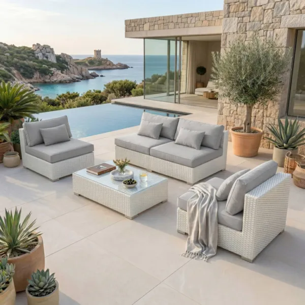 Salon de jardin en r�sine tress�e 4 places 4 pcs Palma Blanc et gris