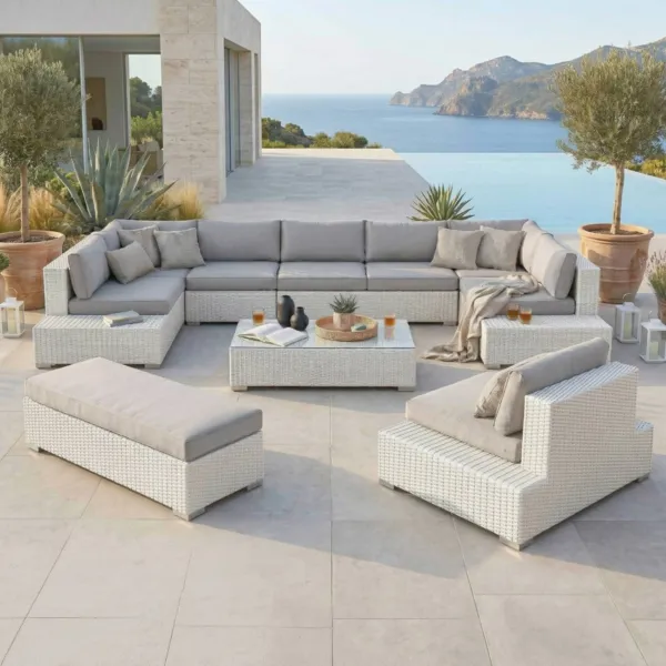 Salon de jardin en r�sine tress�e 9 places 9 pcs Palma Blanc et gris