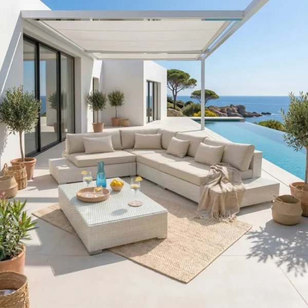 Salon de jardin d'angle en r�sine tress�e 5 places Palma Blanc et beige