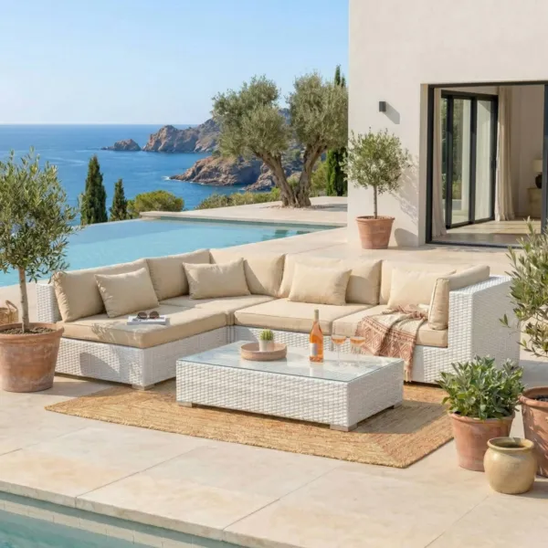 Salon de jardin en r�sine tress�e 4 places 5 pcs Palma Blanc et beige