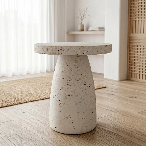 Runder Couchtisch aus oxidiertem Magnesium (H45 cm) Modula Travertin-Optik