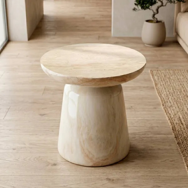 Runder Couchtisch aus oxidiertem Magnesium mit Travertin-Effekt (H40 cm) Prisma Travertin-Optik