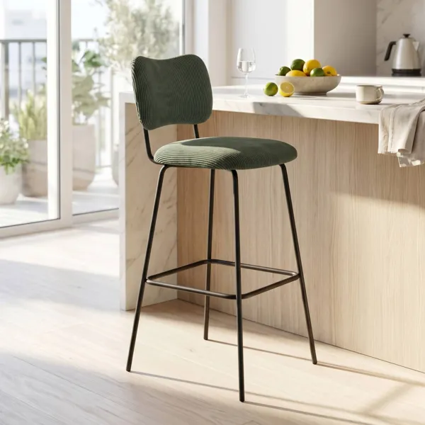 Barhocker mit R�ckenlehne aus Rippvelours (Sitzh�he 77 cm) Orion Dunkelgr�n