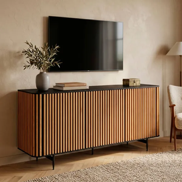Buffet 3 portes ch�ne massif et m�tal (159 x 76 cm) Rytm Noir