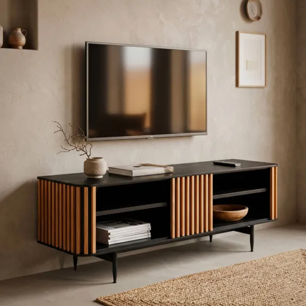 TV-M�bel 4 F�cher Eichenholz massiv (130 x 43 cm) Rytm Schwarz