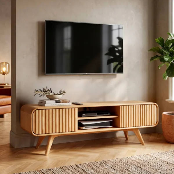 Meuble t�l� 2 niches 2 portes ch�ne massif (165 x 58 cm) Bilbao Naturel
