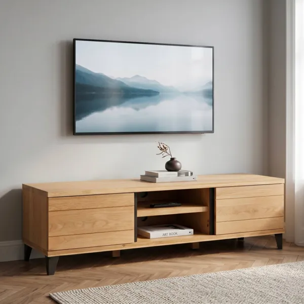TV-M�bel mit 2 F�chern und 2 T�ren aus massiver Eiche und Metall (150 x 44 cm) Bristol Naturfarben
