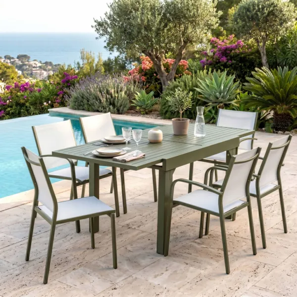 Table de jardin extensible en aluminium 8 places (90/180 x 90 cm) Murano Vert romarin