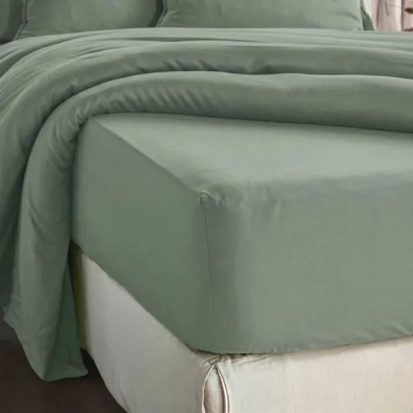 Drap housse lyocell Tencel� lav� (140 x 190 cm) Olivia Vert eucalyptus