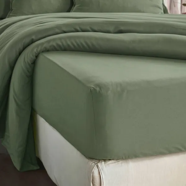 Drap housse lyocell Tencel� lav� (140 x 200 cm) Olivia Vert romarin