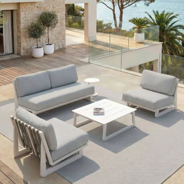 Set da giardino in alluminio 4 posti 4 pezzi Long Beach Bianco cenere e grigio chiaro